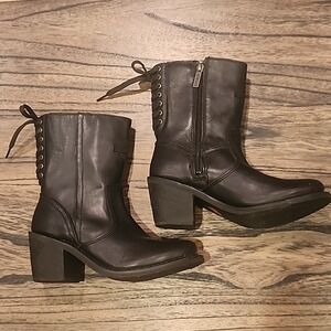 Harley Davidson Leather Black Boots Side Zip Lace Back Womens Size 5.5